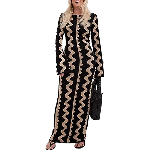 Pullover Kleid für Damen 2023 Elegant Langarm Rundhalsausschnitt Gerippt Stricken Solide Herbst Bodycon Maxi Kleid Streetwear (Q03-Black, M) von Owegvia