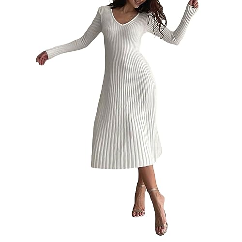Pullover Kleid für Damen 2023 Elegant Langarm Rundhalsausschnitt Gerippt Stricken Solide Herbst Bodycon Maxi Kleid Streetwear (White 04, M) von Owegvia