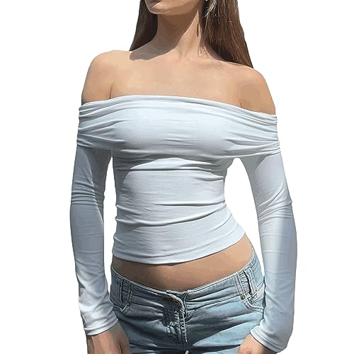 Schulterfreie Oberteile für Frauen Y2k Oberteile Geraffte weiße Oberteile Slim Fit Langarm Y2k Ästhetisches Grunge Crop Top (Weiß, S) von Owegvia