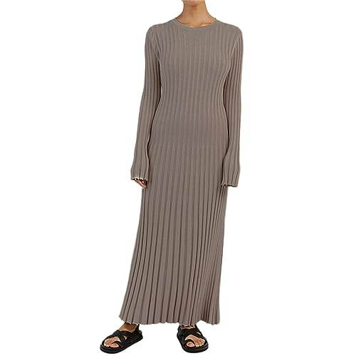 Sweater Dress for Women 2023 Elegant Long Sleeve Crew Neck Ribbed Knit Solid Fall Bodycon Maxi Dress Streetwear (Grayish Apricot 01, L) von Owegvia