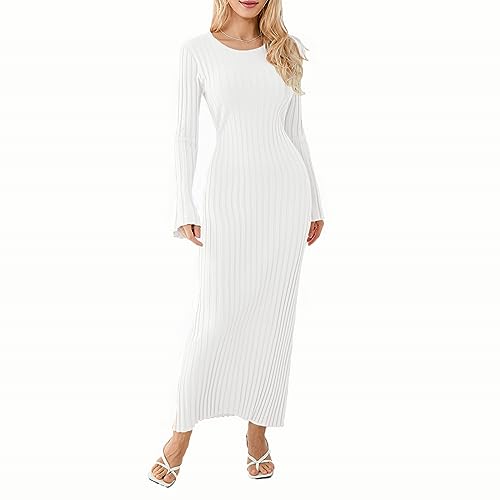 Sweater Dress for Women 2023 Elegant Long Sleeve Crew Neck Ribbed Knit Solid Fall Bodycon Maxi Dress Streetwear (White 01, M) von Owegvia