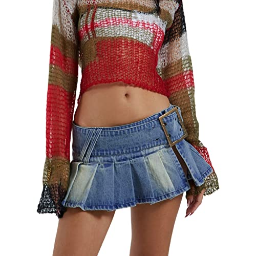 Women Gothic Ruffle Hem Mini Denim Skirt Blue Low Waist Pleated Mini A Line Streetwear Jean Skirt with Y2k Belt (Blau 01, L) von Owegvia