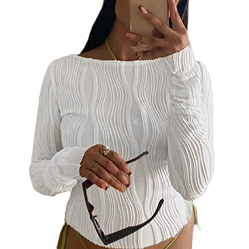 Women Sexy Slim Fit Long Sleeve T-Shirt Round Neck Pleated Ruched Crop Top Textured Skinny Basic Pullover Shirts Y2k Streetwear (White, M) von Owegvia