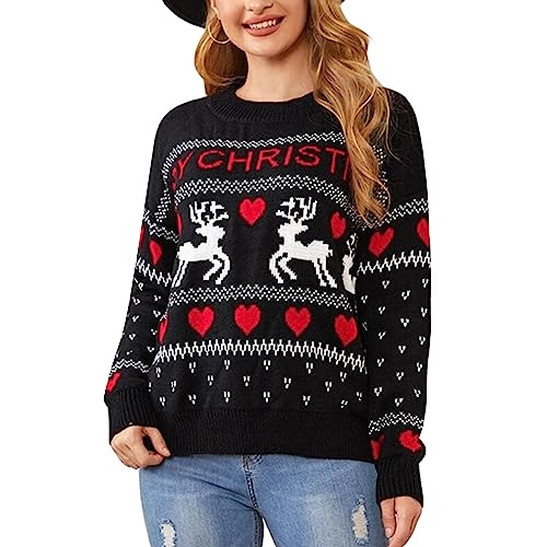 Women's Christmas Sweater Christmas Reindeer Letter Patterns Crew Neck Pullovers Long Sleeve Jumpers Knitted Tops (Black, M) von Owegvia