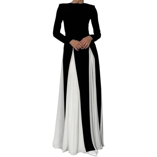 Women's Elegant Tulle Long Sleeve A-Line Maxi Dress Round Neck A-line Contrast Color Dresses Party Vacation Wear (Black, M) von Owegvia