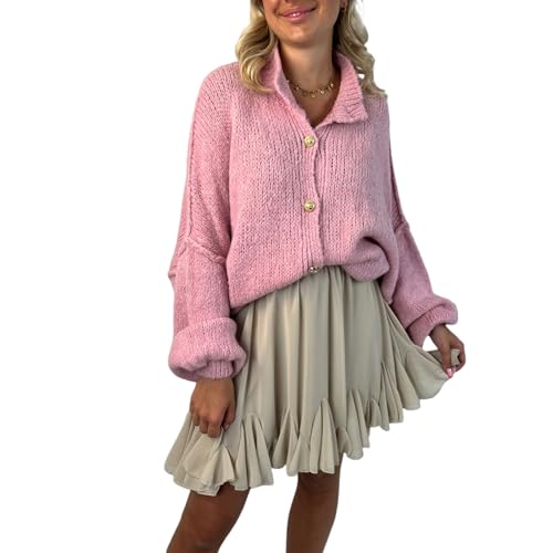 Women's Knit Cardigan Fashion Long Lantern Sleeve Stand Collar Button Down Oversized Chunky Sweater Outwear (Pink, L) von Owegvia