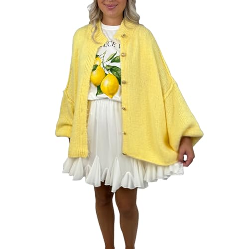 Women's Knit Cardigan Fashion Long Lantern Sleeve Stand Collar Button Down Oversized Chunky Sweater Outwear (Yellow, M) von Owegvia