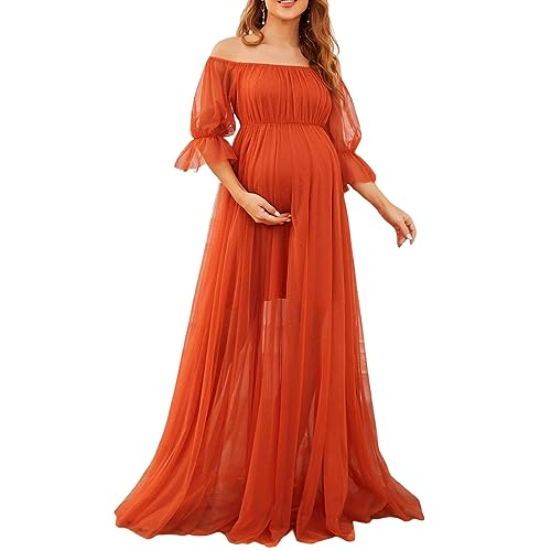 Women's Long Maternity Dress Elegant Off Shoulder Short Sleeve Sheer Mesh Tulle Gown Pregnancy Dress for Photoshoot (Orange Red, XL) von Owegvia