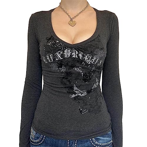Women 's Vintage Graphic Print Long Sleeve Crop Top Button Closure Cropped Tops 90s E-Girl T-Shirts Grunge Clothes (Q03-Grau Schwarz, S) von Owegvia