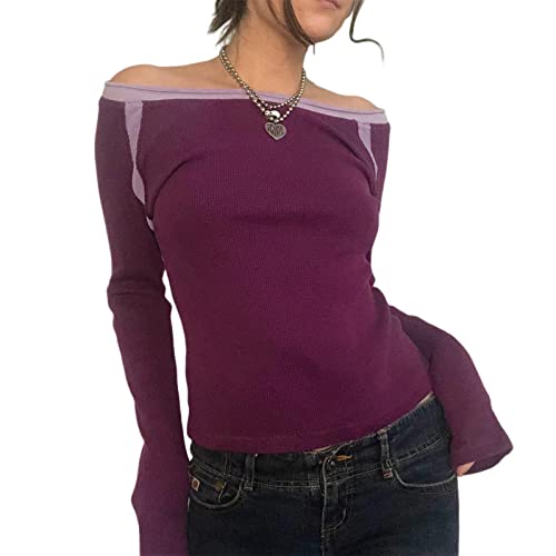 Women 's Vintage Graphic Print Long Sleeve Crop Top Button Closure Cropped Tops 90s E-Girl T-Shirts Grunge Clothes (Q06-Purple, S) von Owegvia