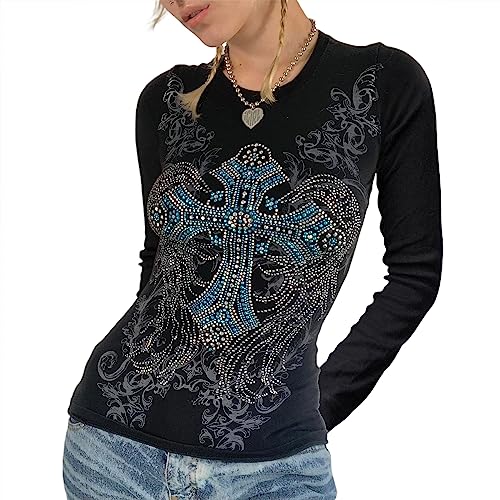 Women 's Vintage Graphic Print Long Sleeve Crop Top Button Closure Cropped Tops 90s E-Girl T-Shirts Grunge Clothes (Q12-Schwarz, L) von Owegvia