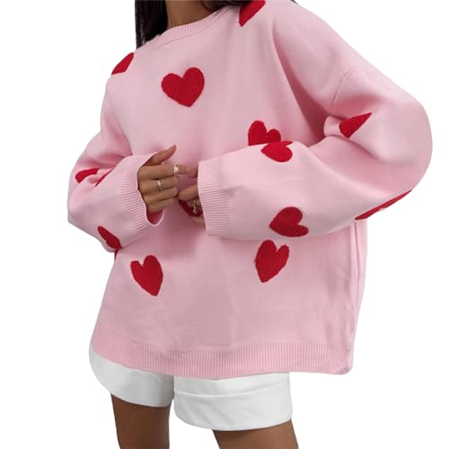 Womens Cute Knit Sweater Long Sleeve Crewneck Heart Embroidery Valentine Knitted Pullover Sweater Knit Jumper Top (Pink 01, M) von Owegvia