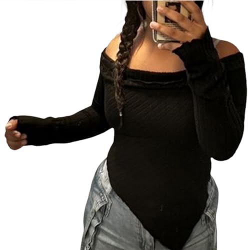 Womens Spring Fitted Crop Tops Long Sleeve Off Shoulder Irregular Hem Going Out Ruched Crop Tops Sexy Y2K T Shirts (Black, S) von Owegvia