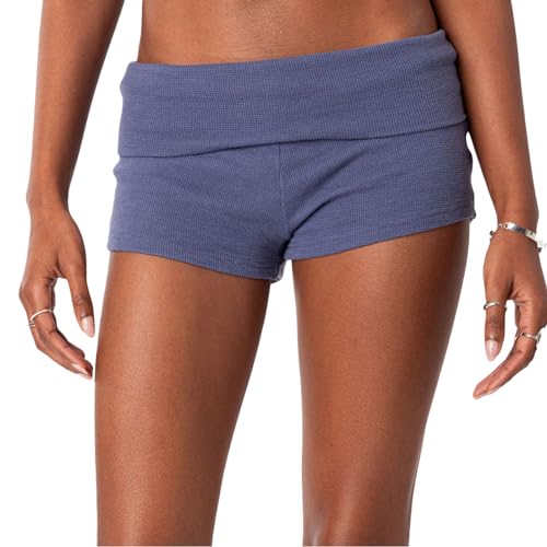 Y2k Strick-Shorts für Damen, schmale Yoga-Shorts, leger, einfarbig, umklappbar, niedrige Taille, Lounge-Shorts, Hose, B- Blau, L von Owegvia