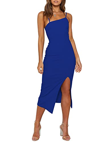 OWIN Damen verstellbare Spaghettiträger ärmellos hohe Taille Split Midi Bodycon Cocktail Party Kleid, Königsblau, Klein von Owin