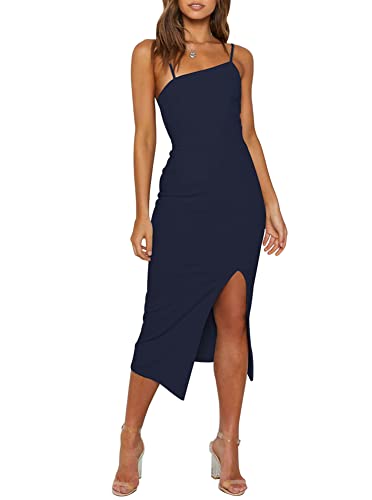 OWIN Damen verstellbare Spaghettiträger ärmellos hohe Taille Split Midi Bodycon Cocktail Party Kleid, Marineblau, Klein von Owin