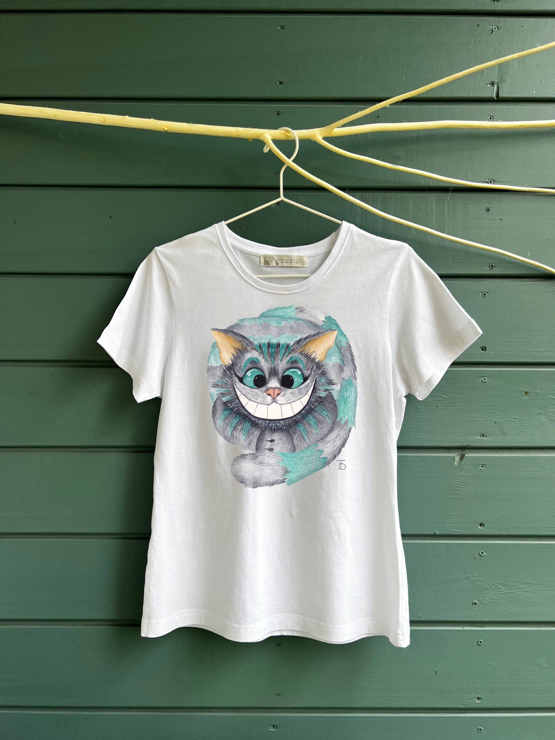 Grinsekatze Aquarell Frau T-Shirt, Kleidung, Baumwolle 100%, Druck T-Shirt Kunst, Geschenk Für Sie von OwiwiShop