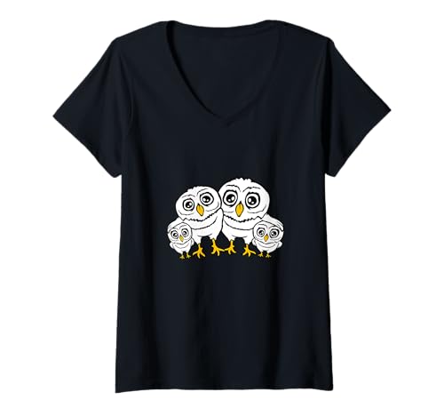 Damen 4 Eulen Papa Mama Kind Baby Familie Mutter Vater Vier Eule Liebe T-Shirt mit V-Ausschnitt von Owl Bird Animal Owls Lover Funny Comic Cartoons