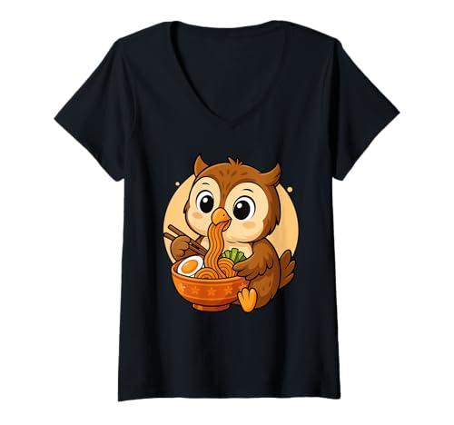 Damen Kawaii Owl Eating Ramen Grafik Japanische Eule Grafik T-Shirt mit V-Ausschnitt von Owl Eating Ramen Funny Japanese Kawaii Design