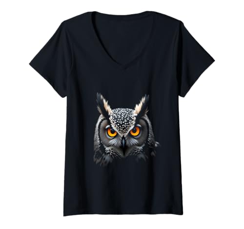 Damen Eulenkopf Wildvogel Kunst T-Shirt mit V-Ausschnitt von Owl Fun Designs