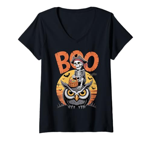 Damen Gruseliges Eule-Kostüm auf Boo Owl Halloween T-Shirt mit V-Ausschnitt von Owl Halloween kids, women, men
