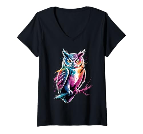 Damen Bunte Farbspritzer im Eulen-Poster-Stil T-Shirt mit V-Ausschnitt Damen Bunte Farbspritzer im Eulen-Poster-Stil T-Shirt mit V-Ausschnitt von Owl Lover Apparel & Arts