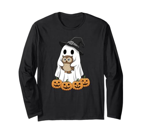 Lustiger Geist Kürbis Halloween Eule Kinder Herren Damen Langarmshirt von Owl Lovers Cute Halloween Outfits for Boy Girl