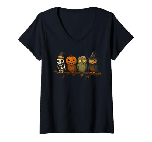 Damen Skelett Kürbis Zombie Zauberer Eulen Süßes oder Saures T-Shirt mit V-Ausschnitt Damen Skelett Kürbis Zombie Zauberer Eulen Süßes oder Saures T-Shirt mit V-Ausschnitt von Owl Lovers Spooky Halloween Funny Costume
