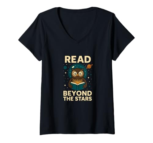 Damen Lustiges Eule Lesefeld Kosmisches Buch T-Shirt mit V-Ausschnitt Damen Lustiges Eule Lesefeld Kosmisches Buch T-Shirt mit V-Ausschnitt von Owl Reading Cosmic Humor Lifestyle Apparel Co.