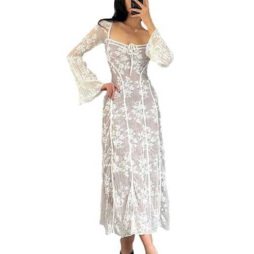 Owl's-Yard Damen-Maxikleid aus Spitze, elegant, langärmelig, quadratischer Ausschnitt, Blumenbindung, Party, langes Kleid, Frühlingskleid, weiß, Medium Owl's-Yard Damen-Maxikleid aus Spitze, elegant, langärmelig, quadratischer Ausschnitt, Blumenbindung, Party, langes Kleid, Frühlingskleid, weiß, Medium von Owl's-Yard
