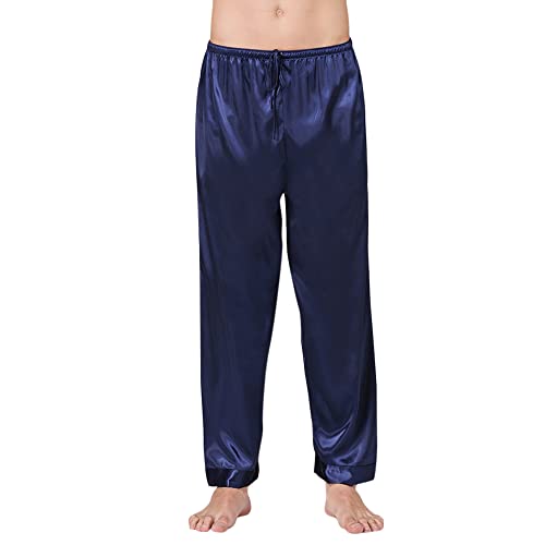 Owl's-Yard Herren Satin Seide Pyjamahose Lose Lange Nachtwäsche Hose Zeichnung Träger Bund Nachtwäsche Nachtwäsche Loungewear Hose, blau, L von Owl's-Yard