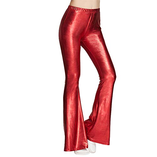 OwlFay Damen Metallisch Glänzend Schlaghosen 70s Disco Glitzer Hohe Taille Tanzhosen Lackleder Wet Look Stretch Leggings Weit Bein Palazzo Hosen Festlich Abend Party Clubwear Rot XL von OwlFay