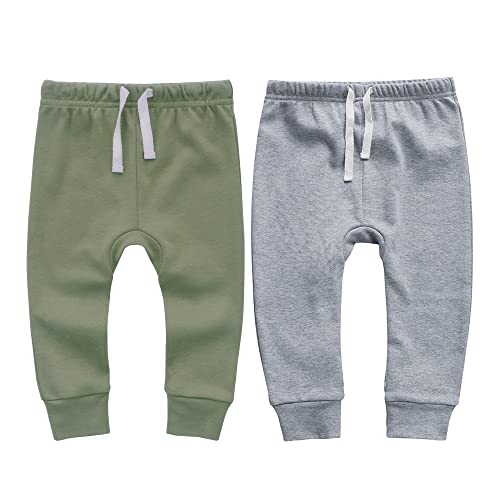 Owlivia 100% Bio-Baumwolle Baby-Junge-Mädchen 2er Pack Wiggle Hose Jogginghose - Dunkel Grau Melange & Olive Grün, 0-3 Monate von Owlivia