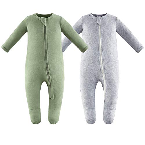 Owlivia Baby Schlafstrampler aus Bio Baumwolle, für Mädchen und Jungen, Langarm, mit Fußen (Grün & Grau, 0-3 Monate) von Owlivia