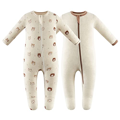 Owlivia Baby Schlafstrampler aus Bio Baumwolle, für Mädchen und Jungen, Langarm, mit Fußen (Minibären & Beige, 6-12 Monate) von Owlivia