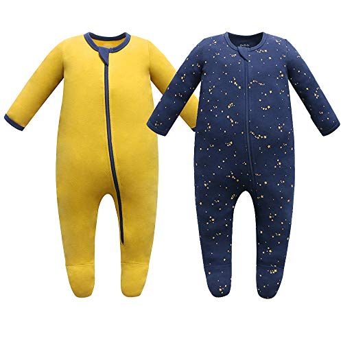 Owlivia Baby Schlafstrampler aus Bio Baumwolle, für Mädchen und Jungen, Langarm, mit Fußen (Sternenhimmel & Senf, 0 Monate) von Owlivia