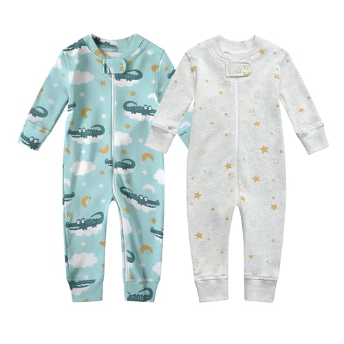 Owlivia Baby Schlafstrampler aus Bio Baumwolle, für Mädchen und Jungen, Langarm (Krokodil&Goldener Stern, 0-3 Monate) von Owlivia