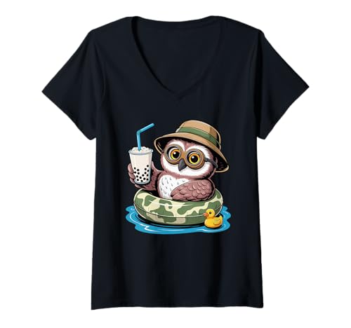 Damen Eule Boba Perle Milchtee Eulen T-Shirt mit V-Ausschnitt Damen Eule Boba Perle Milchtee Eulen T-Shirt mit V-Ausschnitt von Owls Lover Gifts