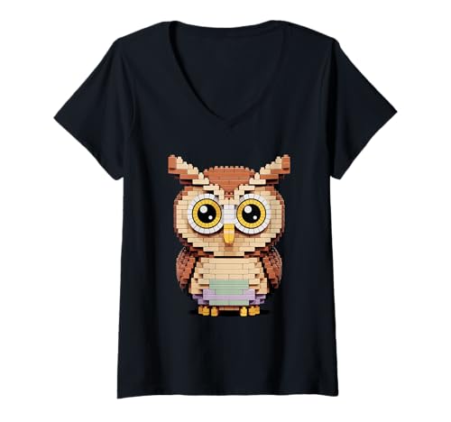Damen Eule Spielzeug Bausteine Eulen T-Shirt mit V-Ausschnitt Damen Eule Spielzeug Bausteine Eulen T-Shirt mit V-Ausschnitt von Owls Lover Gifts
