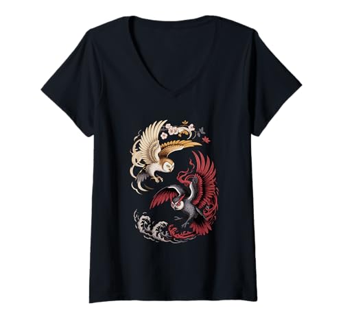 Damen Japanische Kunst Eule Gut Und Teufel Eulen T-Shirt mit V-Ausschnitt Damen Japanische Kunst Eule Gut Und Teufel Eulen T-Shirt mit V-Ausschnitt von Owls Lover Gifts
