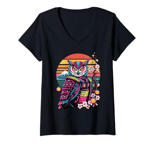 Damen Retro Eule Samurai Eulen T-Shirt mit V-Ausschnitt von Owls Lover Gifts