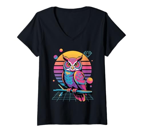 Damen Retro Synthwave Eule Eulen T-Shirt mit V-Ausschnitt von Owls Lover Gifts