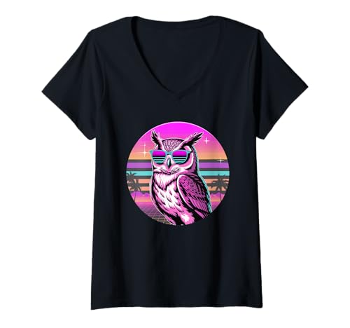Damen Retro Synthwave Owl Sunglasses Owls T-Shirt mit V-Ausschnitt Damen Retro Synthwave Owl Sunglasses Owls T-Shirt mit V-Ausschnitt von Owls Lover Gifts