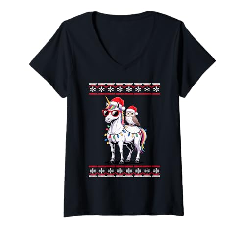 Damen Weihnachten Eule Einhorn Sonnenbrille Eulen T-Shirt mit V-Ausschnitt von Owls Lover Gifts