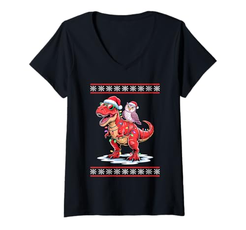 Damen Weihnachten Eule T-Rex Dinosaurier Tyrannosaurus Rex Eulen T-Shirt mit V-Ausschnitt Damen Weihnachten Eule T-Rex Dinosaurier Tyrannosaurus Rex Eulen T-Shirt mit V-Ausschnitt von Owls Lover Gifts