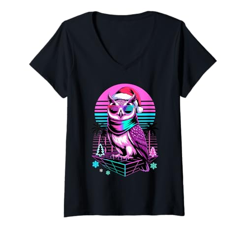 Damen Weihnachten Synthwave Eule Sonnenbrille Eulen T-Shirt mit V-Ausschnitt Damen Weihnachten Synthwave Eule Sonnenbrille Eulen T-Shirt mit V-Ausschnitt von Owls Lover Gifts