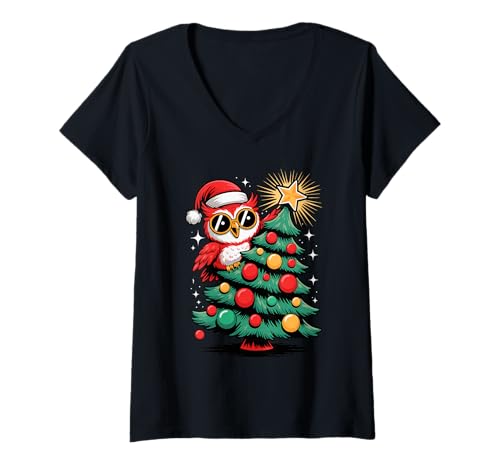 Damen Weihnachtsbaum Eule Sonnenbrille Eulen T-Shirt mit V-Ausschnitt von Owls Lover Gifts