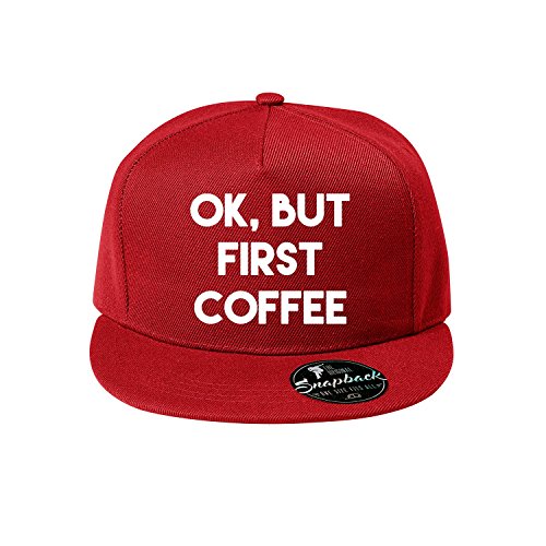 Baumwolle Baseball Cap, Basecap ok but First Coffee - Unisex Kappen, Sport, Reisen, Style - Baseballkappe Kappe, Mütze (87-Cap5P-7Rot) von OwnDesigner