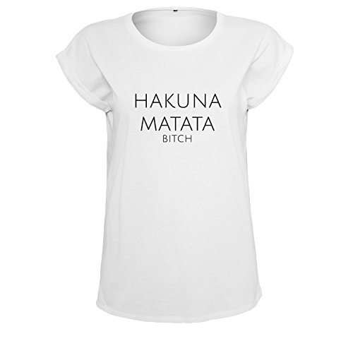 Hakuna Matata t-Shirt lang ärmellos Damen Kurzarm Top Women lässig Sommer schwarz weiß (95-B21-Weiß-M) von OwnDesigner