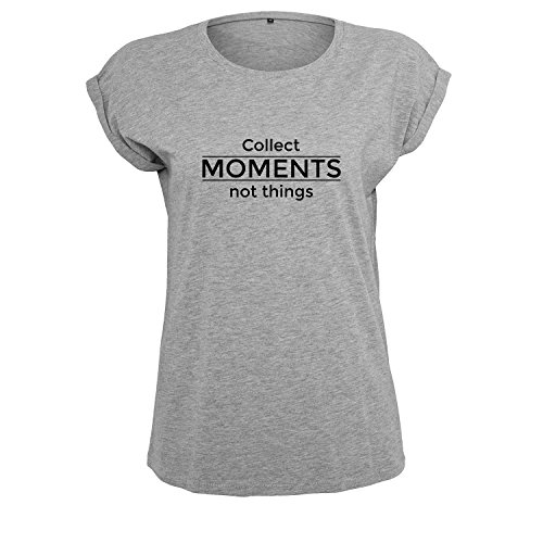 Ladies Fashion Shirt Leichter Oversize Tanktop Collect Moments not Things - Schwarz Weiß - Hinterer Schnitt Länger mit Motiv (350-B21-Grau-XS) von OwnDesigner